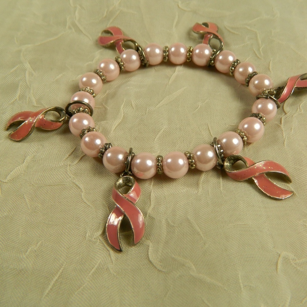 Pink Pearl Bead Bracelet w/ Breast Cancer Awareness Ribbon Charms Gold Tone Stre